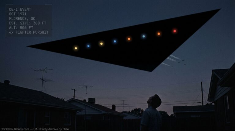 Dossier-style illustration of a massive black triangular craft with colored underside lights passing silently over a residential neighborhood in Florence, South Carolina at dusk, October 1971, with four fighter jets in distant pursuit.