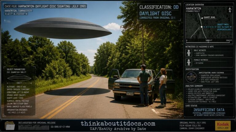 Intelligence-dossier reconstruction of the July 1995 Harwinton Connecticut daylight disc sighting showing a massive battleship-gray faceted metallic lens-shaped disc with a band of dark smoked-glass panels crossing above a rural tree-lined road at 200 feet altitude while its oval shadow falls on the road surface ahead of a stopped pickup truck where a man and woman stand looking up