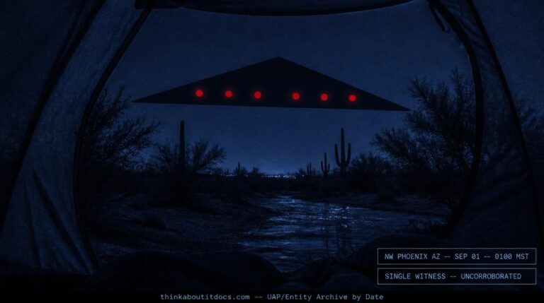 Dossier-style reconstruction of the September 2001 Arizona black triangle sighting showing an enormous jet-black triangular craft with six self-contained red glowing portholes gliding over a desert river at low altitude as seen from inside a mesh tent