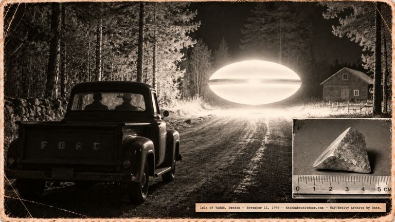 1950s-style illustration of a stopped Ford V8 pickup truck on a dark Swedish island road with a blazing flattened sphere hovering 100 metres ahead at one metre altitude, and an inset laboratory photograph of the three-sided tungsten carbide artifact recovered from the landing site, November 11, 1956.
