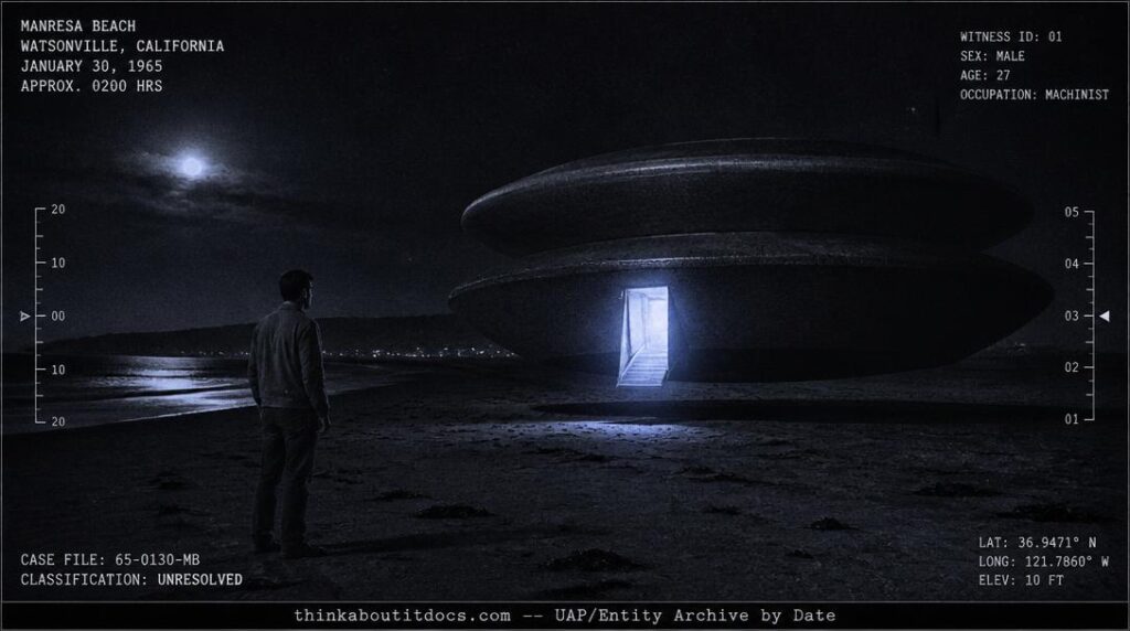 Dossier-style illustration of the 1965 Sid Padrick contact case showing a man standing on a dark beach before a landed disc-shaped craft with an open, glowing doorway