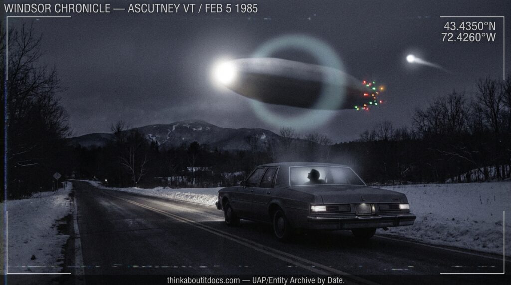 Dossier-style reconstruction of a large oblong craft with bright front light grayish-blue halo and rear flashing lights passing over a car on a snowy Vermont road near Ascutney at night February 1985 with a detached smaller light departing to the right