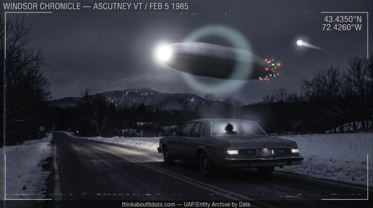 Dossier-style reconstruction of a large oblong craft with bright front light grayish-blue halo and rear flashing lights passing over a car on a snowy Vermont road near Ascutney at night February 1985 with a detached smaller light departing to the right