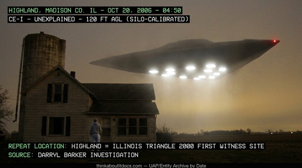 Dossier-style reconstruction of the October 2006 Highland Illinois CE-I showing a massive dark triangular craft with brilliant rectangular white underside lights passing directly over a farmhouse at 120 feet altitude with a grain silo nearby for scale reference and a figure in jogging clothes looking up from the kitchen door
