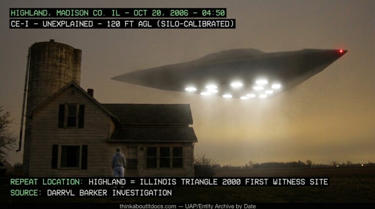 Dossier-style reconstruction of the October 2006 Highland Illinois CE-I showing a massive dark triangular craft with brilliant rectangular white underside lights passing directly over a farmhouse at 120 feet altitude with a grain silo nearby for scale reference and a figure in jogging clothes looking up from the kitchen door