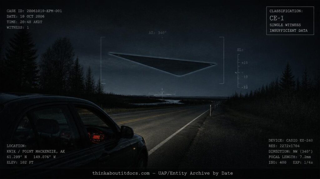 Low-flying triangular UFO with faint glowing edges seen over a rural road near Knik and Point MacKenzie, Alaska, in 2006