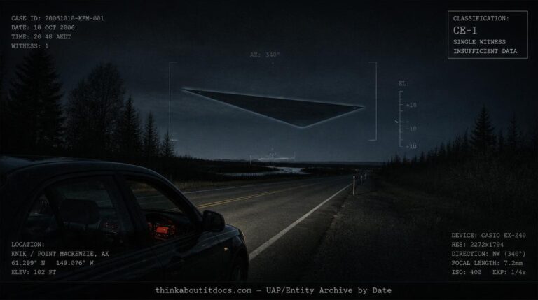 Low-flying triangular UFO with faint glowing edges seen over a rural road near Knik and Point MacKenzie, Alaska, in 2006