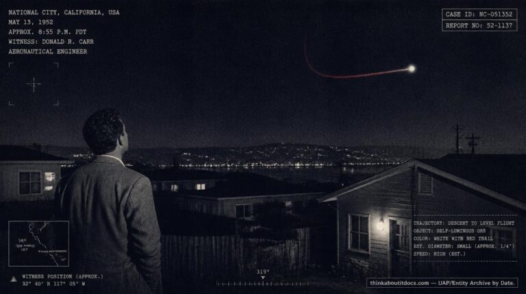 Silver gelatin style illustration of a 1952 witness in National City, California watching a self-luminous white object with a fading red descent trail level off over the bay at night