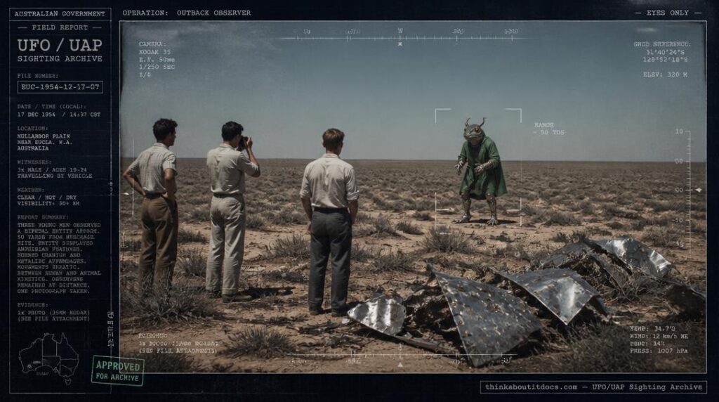 Illustration of the 1955 Eucla, Australia crash-retrieval case showing a frog-like horned humanoid entity near scattered metal wreckage in the outback