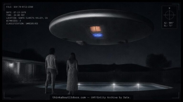 Dossier-style illustration of the 1979 Santa Clarita Valley, California sighting showing a couple beside a backyard pool watching a large metallic domed disc hovering silently overhead