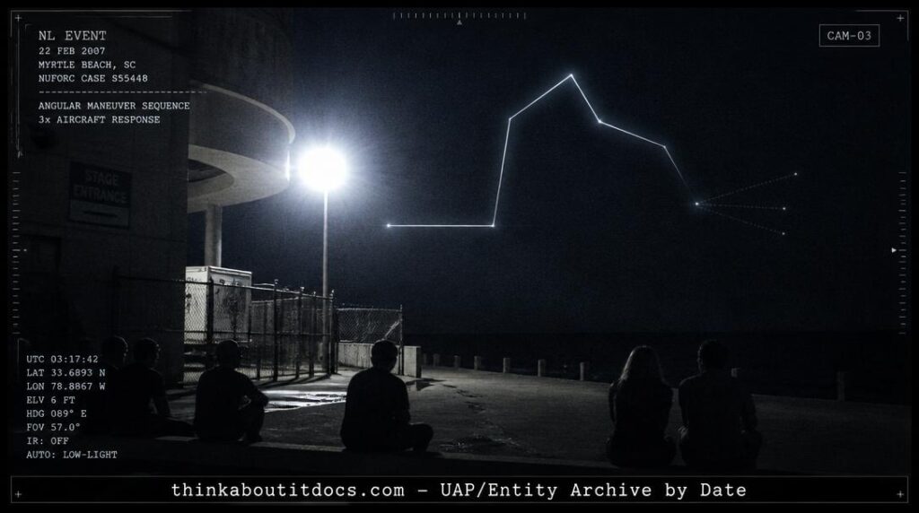 Dossier-style illustration of a faint white ball of light tracing a sharp angular flight path over the Atlantic Ocean east of Myrtle Beach, South Carolina, February 2007, with three converging aircraft in the distance, viewed from the curb behind the House of Blues.