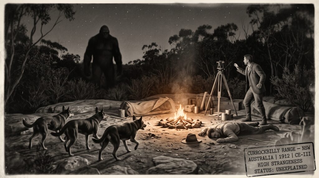 Illustration of the 1912 Currockbilly Range New South Wales humanoid entity encounter showing a massive bipedal silhouette emerging from the treeline at the edge of firelight while trained hunting dogs retreat whining one assistant lies unconscious near the fire and surveyor Charles Harper stands frozen watching