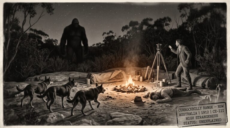 Illustration of the 1912 Currockbilly Range New South Wales humanoid entity encounter showing a massive bipedal silhouette emerging from the treeline at the edge of firelight while trained hunting dogs retreat whining one assistant lies unconscious near the fire and surveyor Charles Harper stands frozen watching