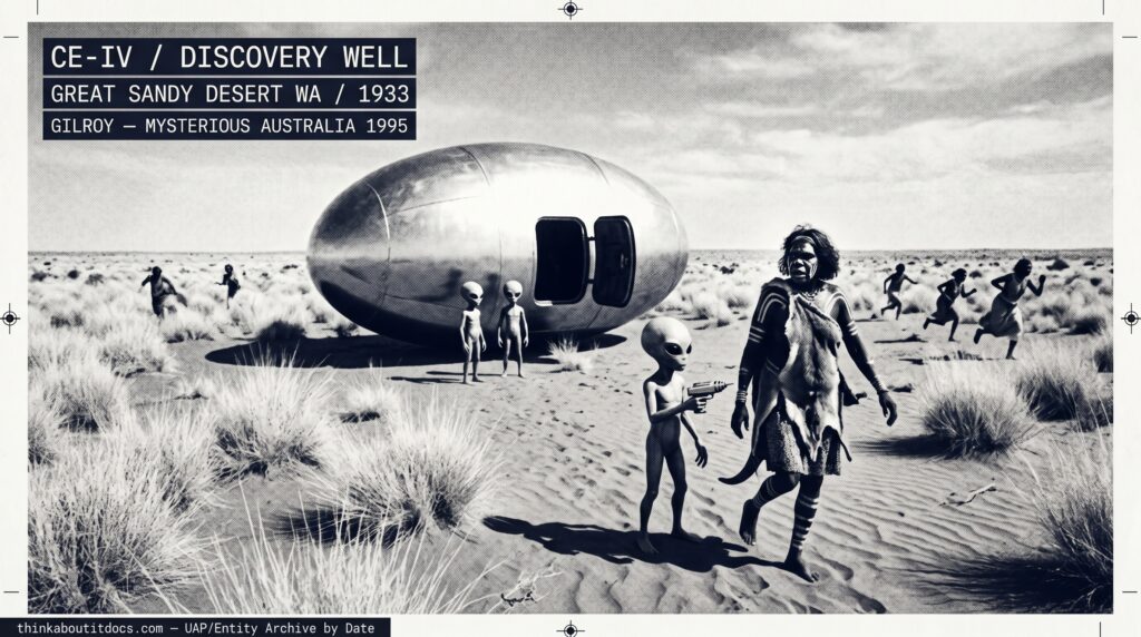 Silver gelatin halftone dossier illustration of the 1933 Discovery Well Great Sandy Desert Western Australia CE-IV abduction showing an Aboriginal woman frozen rigid in the open desert as a grey-skinned being points a stunning device at her while a large shining egg-shaped craft rests on the sand with its hatch open and the rest of her tribe seen fleeing in the far background.