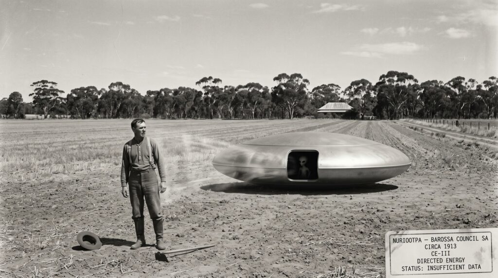 Illustration of the circa 1913 Barossa Council South Australia CE-III encounter showing a smooth metallic landed object in a dry farm field with a humanoid silhouette visible in the hatch aperture and an Australian farmer in period work clothing frozen rigid by a directed energy discharge leaving him with lasting paralysis
