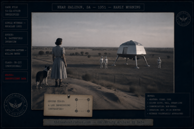 Restrained dossier-style dawn scene on a South Australian property showing a young farm woman and her dog near a dune facing a small house-sized craft on four legs with three calm silver-suited human-looking figures, marked single-witness, recalled 1995, Insufficient Data