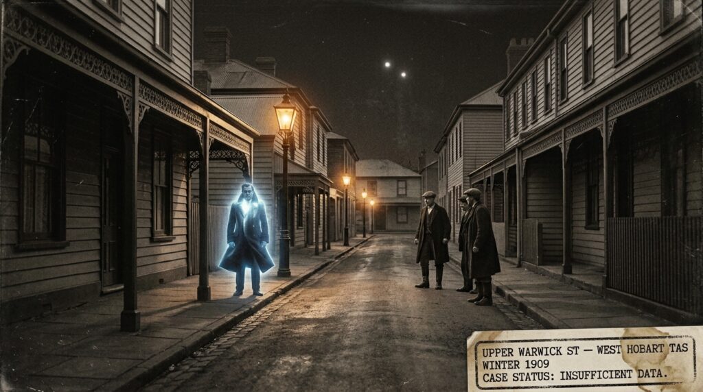 Illustration of the 1909 West Hobart Tasmania entity sighting showing a luminous figure in a large overcoat standing on a gas-lit colonial street while Edwardian witnesses stare from behind and a bright planetary conjunction is visible above the roofline
