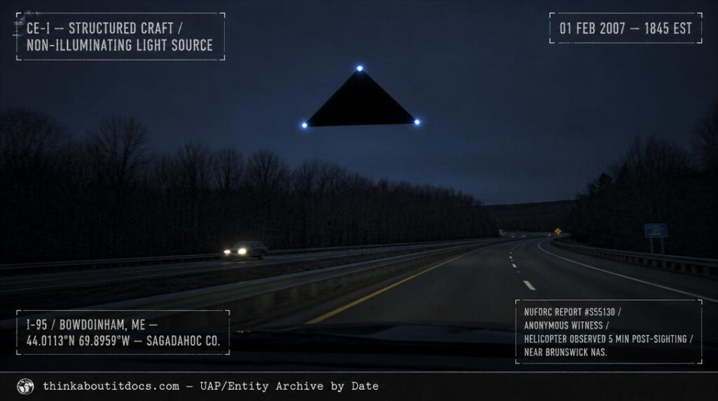 Dossier-style reconstruction of the February 1, 2007 Bowdoinham Maine black triangle sighting showing a sharp-edged equilateral triangle hovering above the treeline on the far side of Interstate 95 with three brilliant blue-white corner lights that cast no illumination on the trees below or the highway surface or the craft's own underside with a distant car obliviously driving past and HUD classification and NUFORC reference stamps