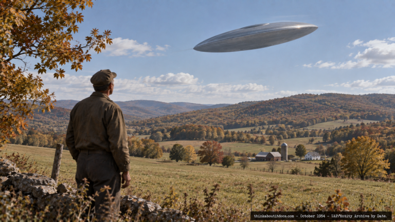 Illustration of a gray lens-shaped disc sliding sideways through the sky over rural Cherry Valley, New York, October 1954
