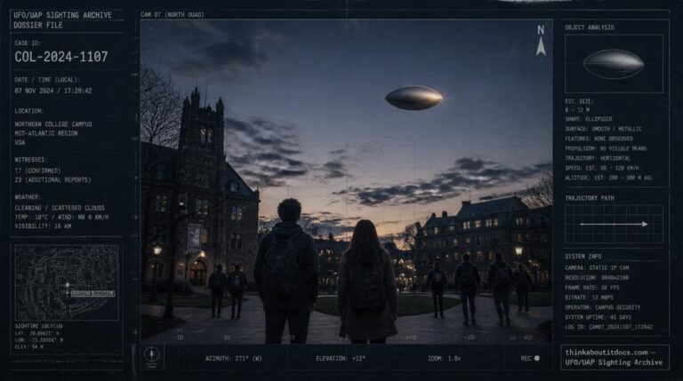 Illustration of Bill Chalker's 1972 UFO sighting showing a metallic egg-shaped object crossing the twilight sky above a university college campus