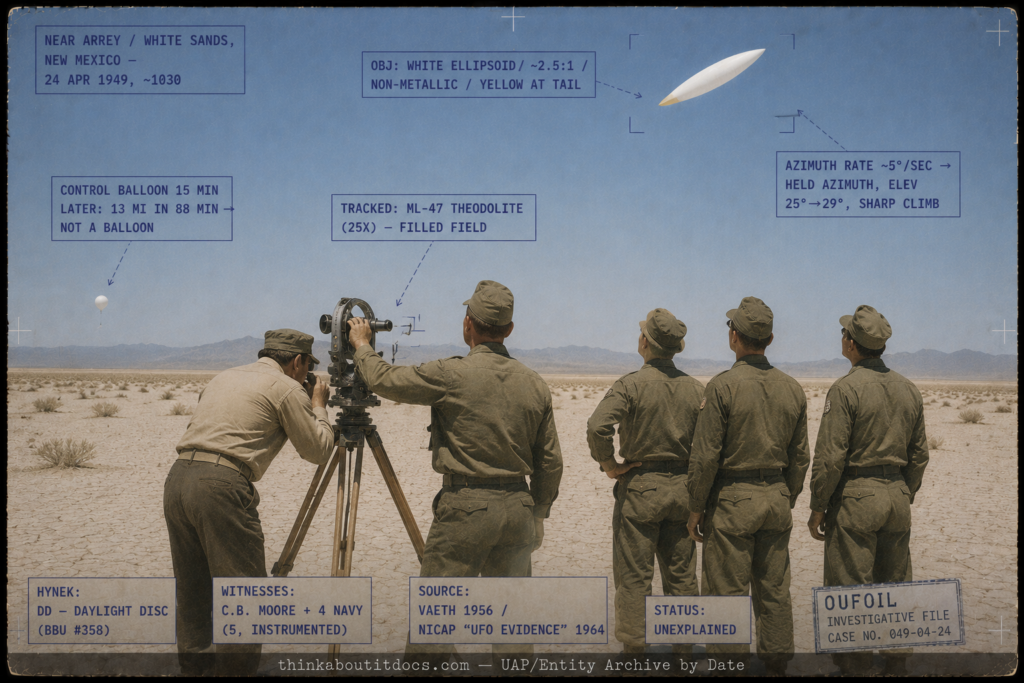 Single panel intelligence dossier image for the April 24 1949 White Sands New Mexico sighting rendered in muted late-1940s color showing an isolated high-desert mud flat with flat pale cracked earth sparse scrub and distant mountains under a clear cloudless sky where aerologist Charles Moore in 1940s field clothes bends to the eyepiece of a tripod-mounted ML-47 theodolite 25-power tracking telescope while one Navy enlisted man points the instrument and three more look up and a small weather balloon drifts to one side, while high in the sky coming out of the sun is a gleaming white elongated ellipsoid about two and a half times as long as wide non-metallic and matte-bright shading to light yellow near its tail with a slight upward hook suggesting a sharp climb, with HUD overlays marking the white ellipsoid and its proportions and non-metallic surface and yellow tail, the azimuth rate of about 5 degrees per second and the held azimuth with elevation rising 25 to 29 degrees in a sharp climb, the ML-47 theodolite tracking that filled the field, the control balloon released 15 minutes later that drifted only 13 miles in 88 minutes proving it was not a balloon, the DD daylight disc classification and Blue Book Unknown 358, the five instrumented witnesses Charles Moore and four Navy men, the Vaeth 1956 and NICAP UFO Evidence 1964 source, and the Unexplained status, with a lower strip reading thinkaboutitdocs.com — UAP/Entity Archive by Date