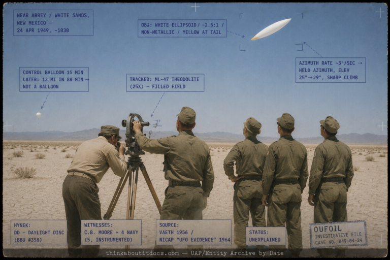 Single panel intelligence dossier image for the April 24 1949 White Sands New Mexico sighting rendered in muted late-1940s color showing an isolated high-desert mud flat with flat pale cracked earth sparse scrub and distant mountains under a clear cloudless sky where aerologist Charles Moore in 1940s field clothes bends to the eyepiece of a tripod-mounted ML-47 theodolite 25-power tracking telescope while one Navy enlisted man points the instrument and three more look up and a small weather balloon drifts to one side, while high in the sky coming out of the sun is a gleaming white elongated ellipsoid about two and a half times as long as wide non-metallic and matte-bright shading to light yellow near its tail with a slight upward hook suggesting a sharp climb, with HUD overlays marking the white ellipsoid and its proportions and non-metallic surface and yellow tail, the azimuth rate of about 5 degrees per second and the held azimuth with elevation rising 25 to 29 degrees in a sharp climb, the ML-47 theodolite tracking that filled the field, the control balloon released 15 minutes later that drifted only 13 miles in 88 minutes proving it was not a balloon, the DD daylight disc classification and Blue Book Unknown 358, the five instrumented witnesses Charles Moore and four Navy men, the Vaeth 1956 and NICAP UFO Evidence 1964 source, and the Unexplained status, with a lower strip reading thinkaboutitdocs.com — UAP/Entity Archive by Date