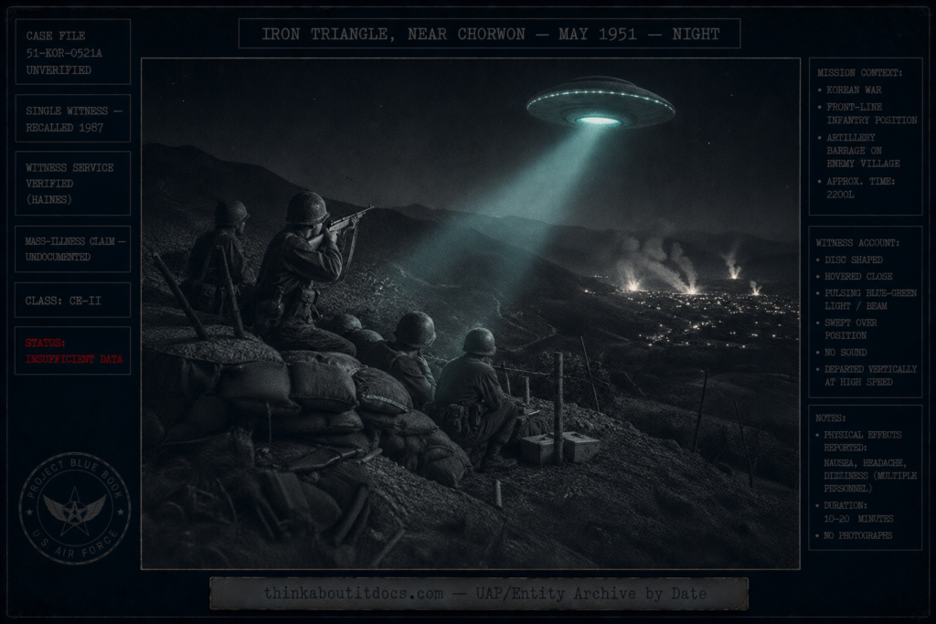 Dossier-style night scene on a Korean War mountain slope showing U.S. infantry at bunkers as a disc-shaped craft with a pulsing blue-green beam hovers overhead and a soldier aims an M-1 rifle, marked single-witness, service verified, CE-II, Insufficient Data