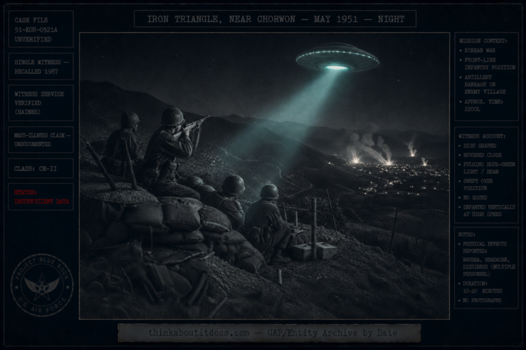 Dossier-style night scene on a Korean War mountain slope showing U.S. infantry at bunkers as a disc-shaped craft with a pulsing blue-green beam hovers overhead and a soldier aims an M-1 rifle, marked single-witness, service verified, CE-II, Insufficient Data