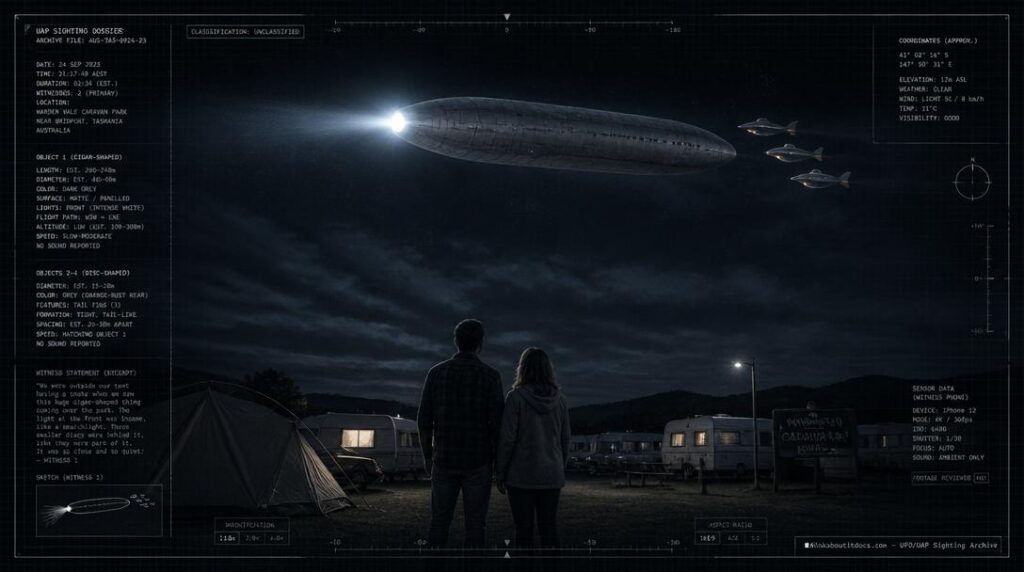 Illustration of the 1984 Hexham, NSW UFO sighting showing a large cigar-shaped object with three small discs in formation behind it over a caravan park at night