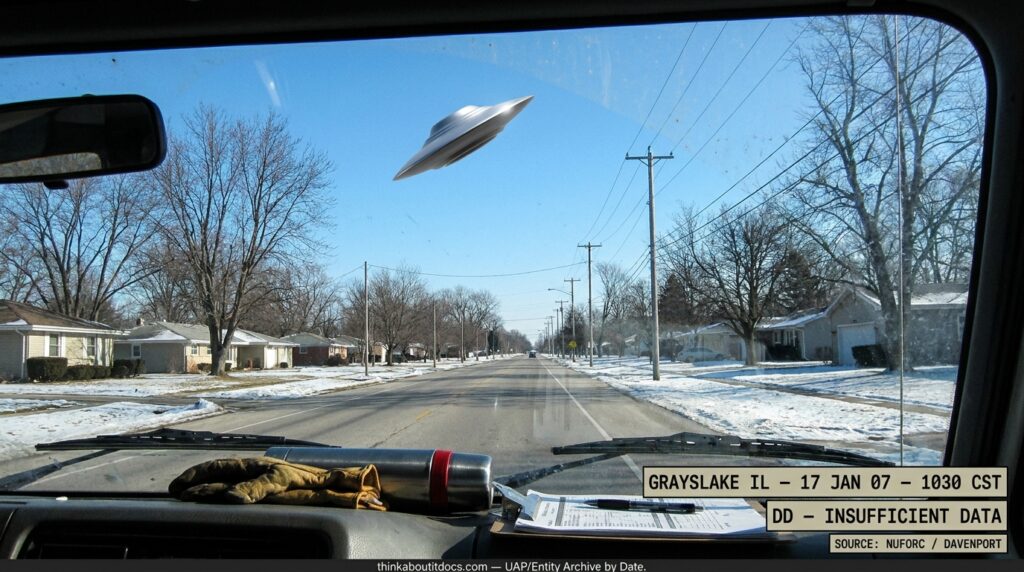 Dossier-style reconstruction of the January 2007 Grayslake Illinois Daylight Disc sighting showing a silver disc hovering motionless against a clear blue sky seen through a van windshield on a suburban road in Lake County