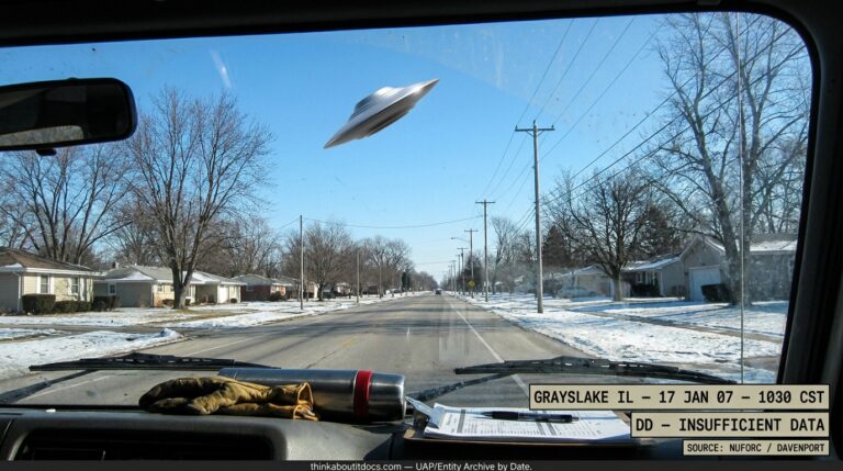 Dossier-style reconstruction of the January 2007 Grayslake Illinois Daylight Disc sighting showing a silver disc hovering motionless against a clear blue sky seen through a van windshield on a suburban road in Lake County