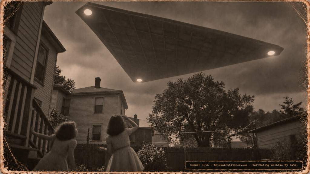 1950s-style illustration of two young girls in a Belleville New Jersey backyard looking up at a massive dark gray triangular object with blinking corner lights hovering about 100 feet above them in summer 1956.