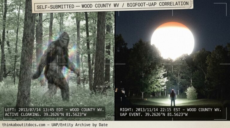 Dossier-style split reconstruction showing a partially translucent Bigfoot mid-cloak in a West Virginia forest in daylight and a bright white-to-orange orb rising above the same treeline at night four months later in Wood County 2013