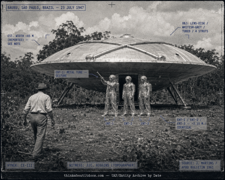 Single panel intelligence dossier image for the July 23 1947 Bauru Brazil encounter showing a large whitish-grey lens-shaped disk craft on four metallic struts with tube-like structures crossing its surface resting in a forest clearing near Bauru São Paulo, with three near-identical seven-foot humanoid beings with bald bulky rounded heads, large round eyes and long legs standing by an open door beneath the rim in inflated transparent suits with metal boxes on their backs, one pointing a metal tube at topographer José C. Higgins who edges toward the trees, rendered as a grainy 1947 silver gelatin photograph in an indigo-charcoal palette with HUD overlays marking the craft, the three entities, the CE-III classification, and the Martins APRO Bulletin source
