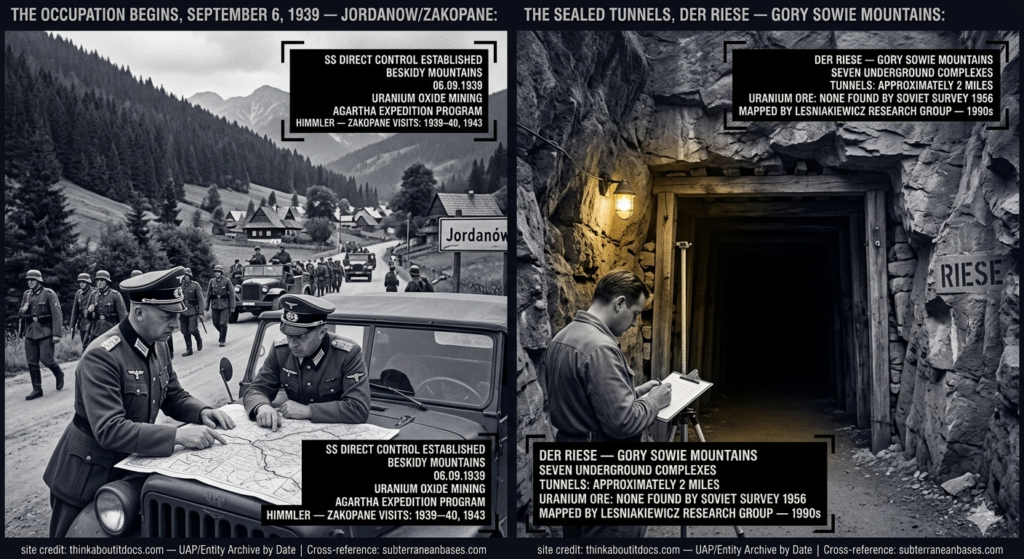 Two-panel WWII-era press photography dossier for the 1939 Jordanow Mystery: left panel shows SS officers in black uniforms studying a topographic map on a field vehicle hood as Wehrmacht troops occupy a Beskidy mountain village in September 1939; right panel shows a Polish civilian engineer with survey equipment at the entrance of a machine-cut underground tunnel in the Der Riese complex in the Gory Sowie mountains as absolute darkness extends beyond the single amber electric lamp.