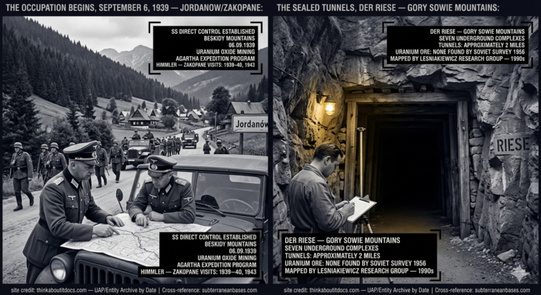 Two-panel WWII-era press photography dossier for the 1939 Jordanow Mystery: left panel shows SS officers in black uniforms studying a topographic map on a field vehicle hood as Wehrmacht troops occupy a Beskidy mountain village in September 1939; right panel shows a Polish civilian engineer with survey equipment at the entrance of a machine-cut underground tunnel in the Der Riese complex in the Gory Sowie mountains as absolute darkness extends beyond the single amber electric lamp.