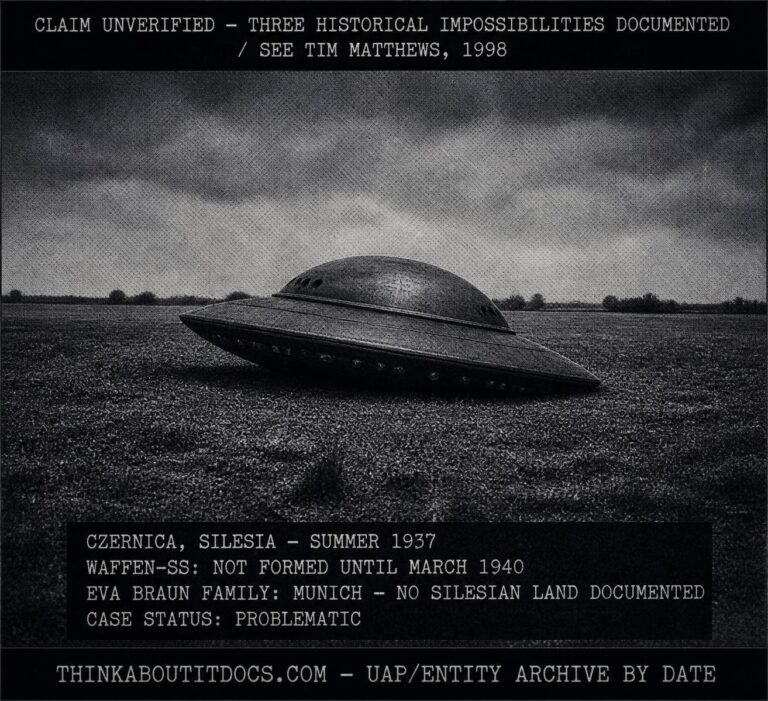 Silver gelatin halftone dossier illustration of the unverified 1937 Czernica Silesia crash claim showing a dull metal grey disc-shaped craft with upper dome and lower section resting alone in a flat Silesian summer field with prominent tactical HUD overlays documenting three historical impossibilities — the Waffen-SS did not exist in 1937, Czernica was German not Polish territory, and Eva Braun's family had no Silesian land — and marking the case as PROBLEMATIC with Tim Matthews 1998 rebuttal cited.