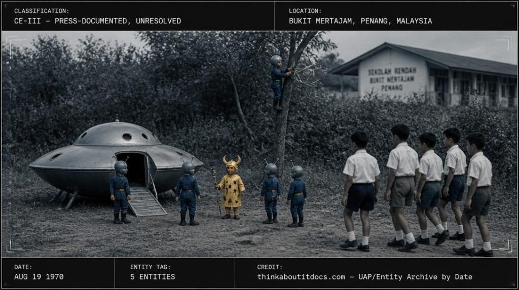 Five tiny humanoid figures beside a miniature landed saucer near Stowell Primary School, Bukit Mertajam, Malaysia, 1970