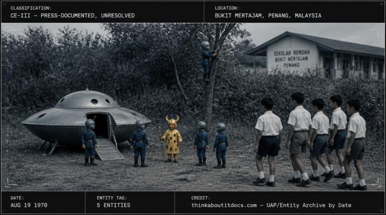 Five tiny humanoid figures beside a miniature landed saucer near Stowell Primary School, Bukit Mertajam, Malaysia, 1970