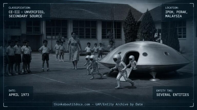 Tiny humanoids in shiny white suits retreating to a miniature saucer as a teacher approaches, Ipoh, Perak, Malaysia, 1973