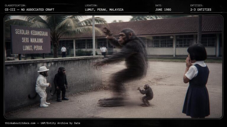 Tiny costumed monkey-like creatures and a shrinking beast on a school playground in Lumut, Malaysia, 1980