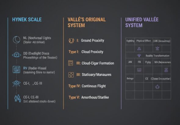 A comprehensive infographic comparing the Hynek Scale, Vallee’s Original System, and the Unified Vallee System for UFO classification.