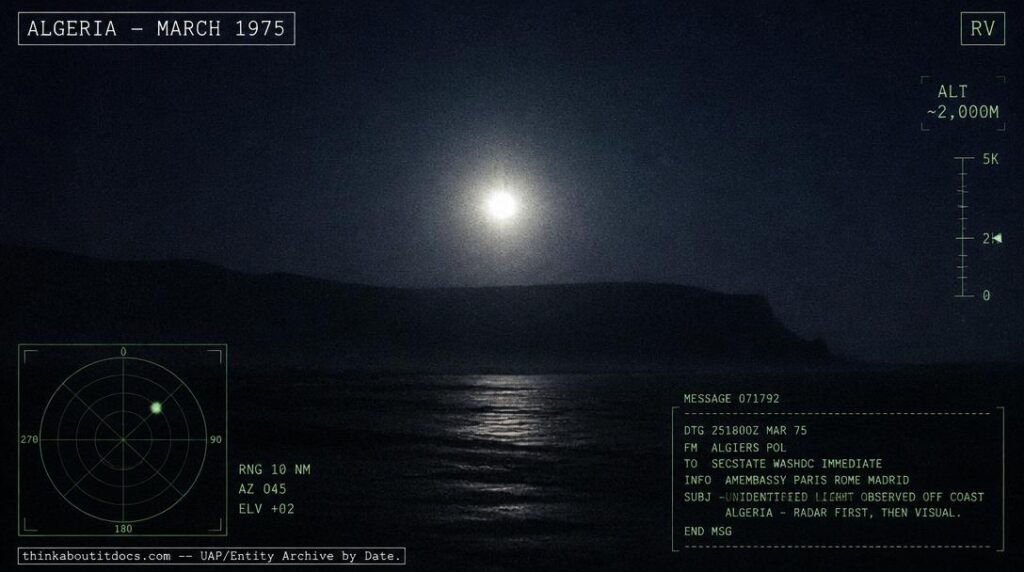Illustration of the intensely bright, headlight-like UFO reported over Algeria in early 1975 and cabled to Secretary of State Henry Kissinger