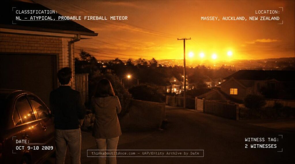 A sudden yellowish-orange glow lighting up the night sky like daylight over a suburban Auckland street, October 2009