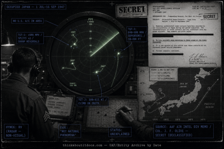 Single panel intelligence dossier image for the 1947 Far East radar pickups showing a glowing circular monochrome radar PPI scope with a sweep line and cold green-white target blips, one splitting into two with a dotted track tracing sharp course reversals and a long fading vector, a uniformed 1947 radar operator in silhouette leaning toward the screen, a partially visible SECRET-stamped typed memorandum, and a high-contrast monochrome map of Hokkaido Fukuoka and Korea with three plotted incident tracks, rendered as a grainy late-1940s silver gelatin photograph in an indigo-charcoal palette with HUD overlays marking the supersonic September target, the maneuvering July target that split into two, the August climbing target, the no-U.S.-aircraft note, the radar non-visual RV classification, the declassified Army Air Forces Air Intelligence Division memo signed Colonel James F. Olive, the not-natural-phenomena evaluation, and the Unexplained status, with a lower strip reading thinkaboutitdocs.com — UAP/Entity Archive by Date