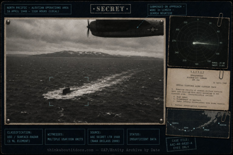 Intelligence-dossier evidence board for the 1948 declassified Alaskan Air Command "Unusual Sightings along Aleutian Chain" document, showing a cold gray choppy North Pacific seascape under low overcast viewed from a 1948 Navy PB4Y Privateer patrol aircraft in silhouette, with a black submarine-like conning-tower object half-submerging on the dark water and throwing a long foaming wake, a bleak treeless island ridge on the horizon, and distant unidentifiable aircrew; rendered in coarse high-contrast 1948 black-and-white silver-gelatin reconnaissance-photo texture, with a clipped phosphor radar-scope inset, a fragment of the SECRET Alaskan Air Command letterhead dated 22 April 1948, and a small map of the Aleutian chain with plotted contact dots, and restrained cold-cyan tactical HUD overlays marking the case as Classification USO and surface-radar with one nocturnal-light element, multiple USAF and USN witnesses, source the Alaskan Air Command SECRET letter declassified by NARA in 2009, status Insufficient Data.