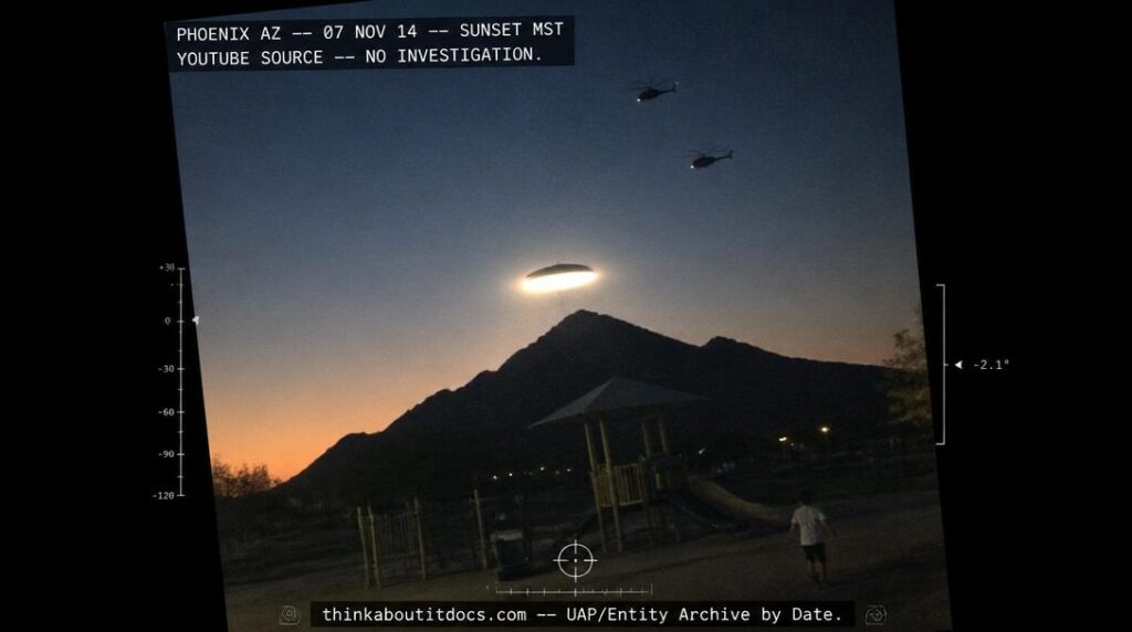 Dossier-style reconstruction of the November 7 2014 Phoenix hovering disc sighting showing a glowing disc-shaped object over Piestewa Peak at sunset with helicopter silhouettes and a park playground in the foreground framed as cellphone video