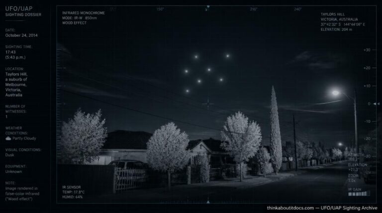 Illustration of the 2014 Taylors Hill, Victoria infrared UFO footage showing seven orb-like objects converging above a suburban street in false-color infrared
