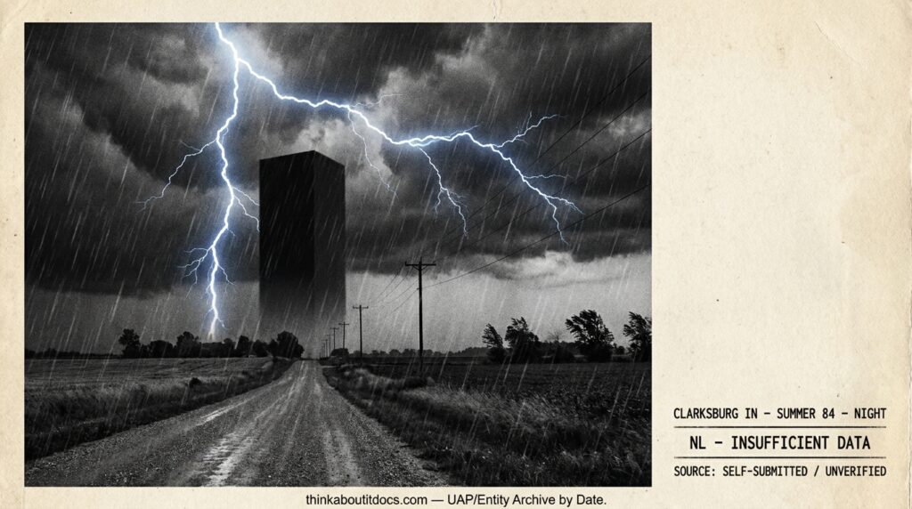 Dossier-style reconstruction of the 1984 Clarksburg Indiana sighting showing a massive dark rectangular prism with piping and panel texture silhouetted against a lightning flash above power lines during a thunderstorm over rural farmland