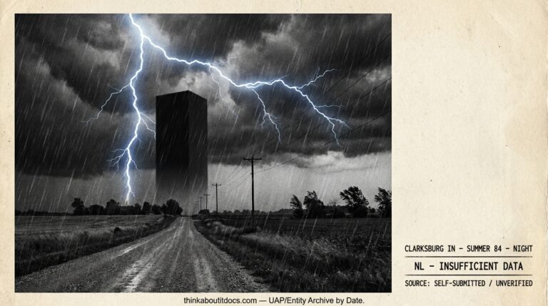 Dossier-style reconstruction of the 1984 Clarksburg Indiana sighting showing a massive dark rectangular prism with piping and panel texture silhouetted against a lightning flash above power lines during a thunderstorm over rural farmland